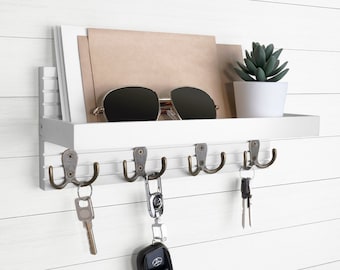 White Key Holder For Wall, Wooden Entryway Mail And Key Holder, Key Hook For Wall