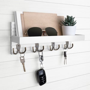 White Key Holder For Wall, Wooden Entryway Mail And Key Holder, Key Hook For Wall