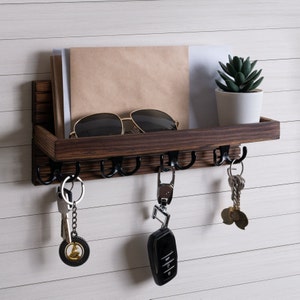 Wooden Key Holder For Wall, Entryway Mail And Key Holder, Key Hanger With Shelf, Key Hook For Wall Brown