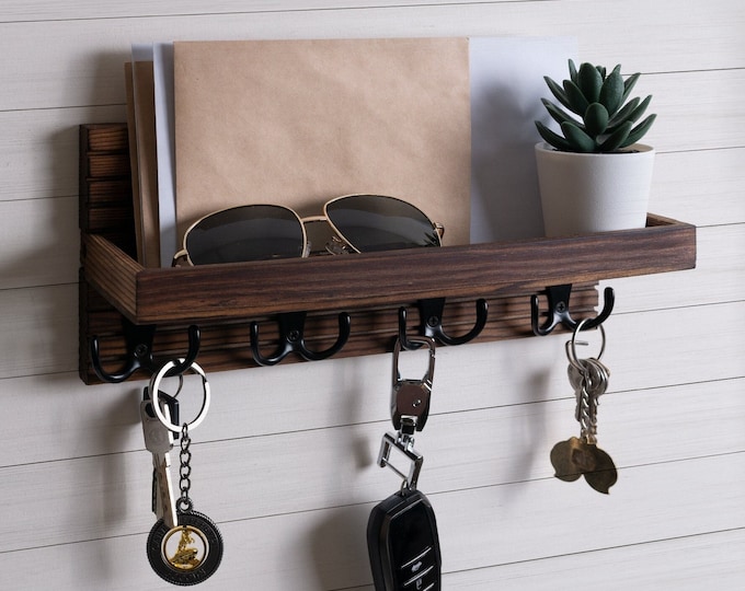 Wall Mounted Key Rack- Key Holder- Key Hooks- Live Edge Wood