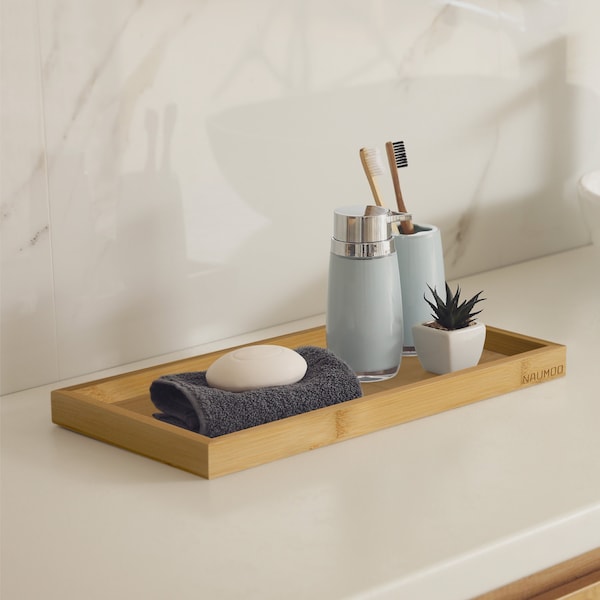 Natural Bamboo Bathroom Vanity Tray, Sink Tray, Candle Tray, Bathroom Storage And Decor