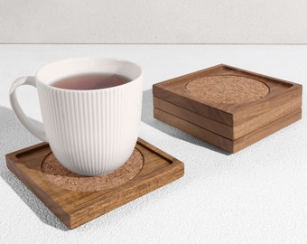 Wood Coaster Set Of 4, Wooden Coasters With Cork Pad, Stackable Square Coaster For Drinks