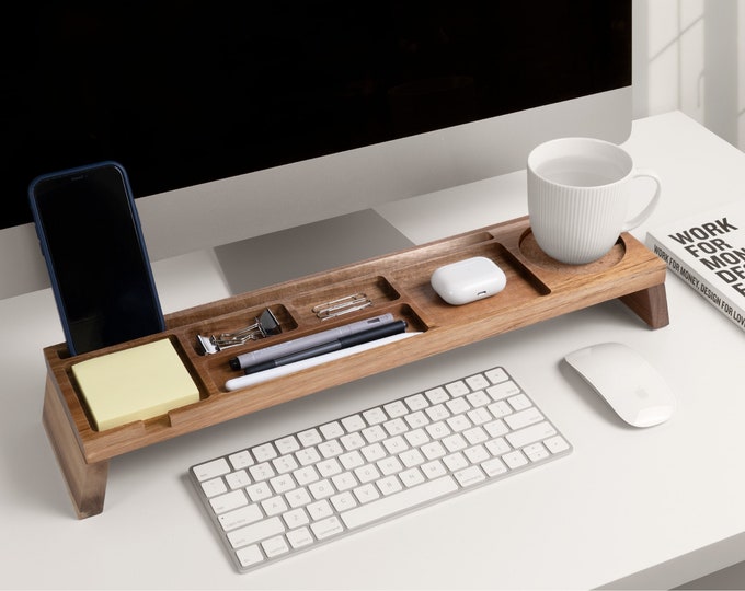 Wood Desk Organizer, Home Office Desk Organization, Tablet & Phone Stand for Cubicle, Docking Station