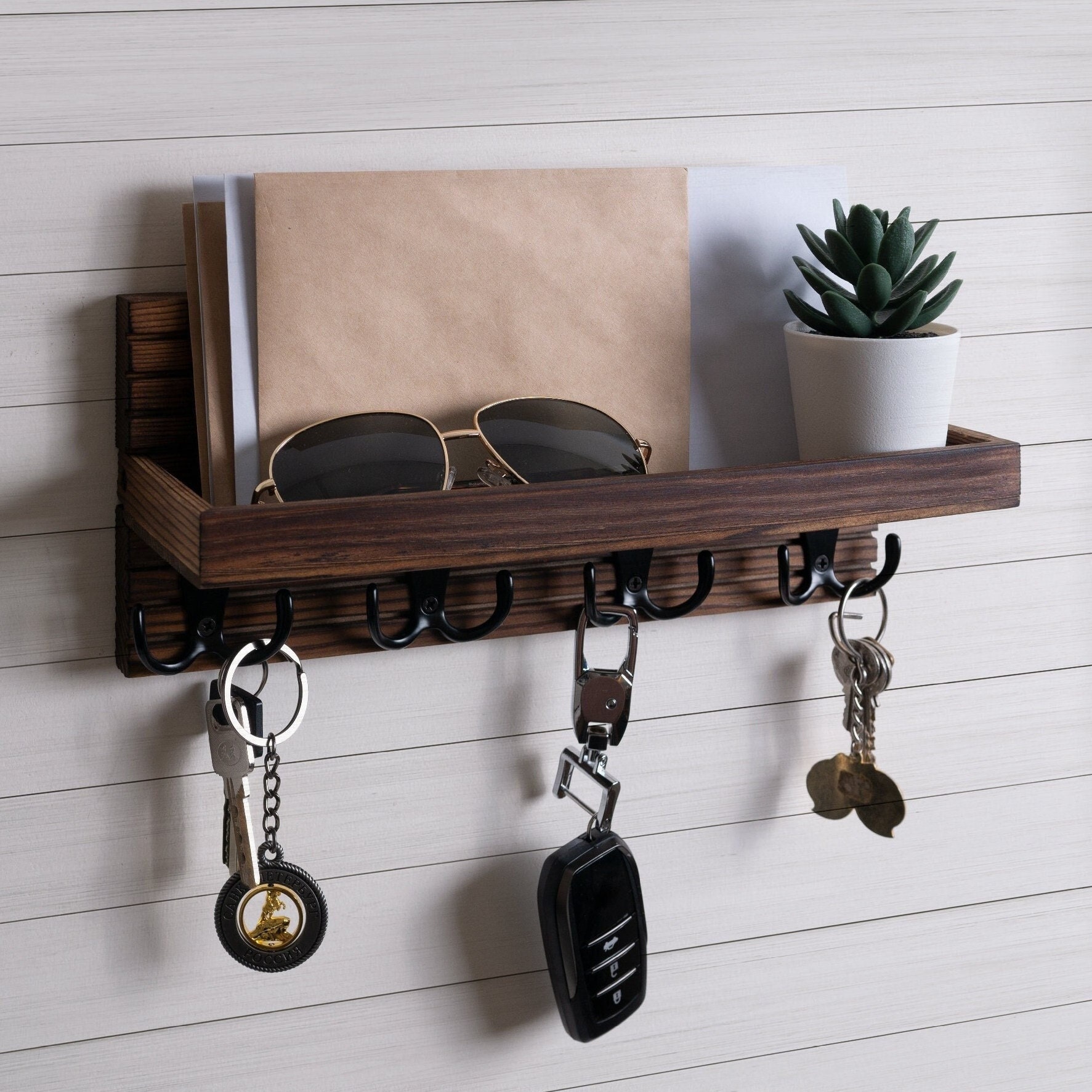 Rustic Key Rack. Barn Wood Shelf With Key Hooks. Rustic Key Hanger