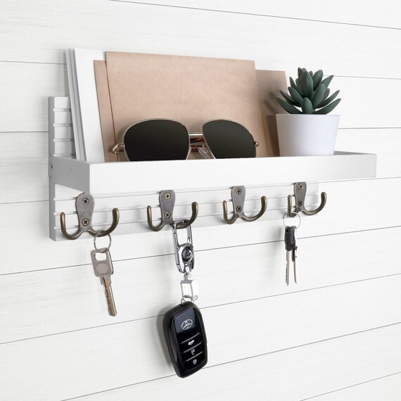 White Key Holder for Wall Wooden Entryway Mail and Key Etsy