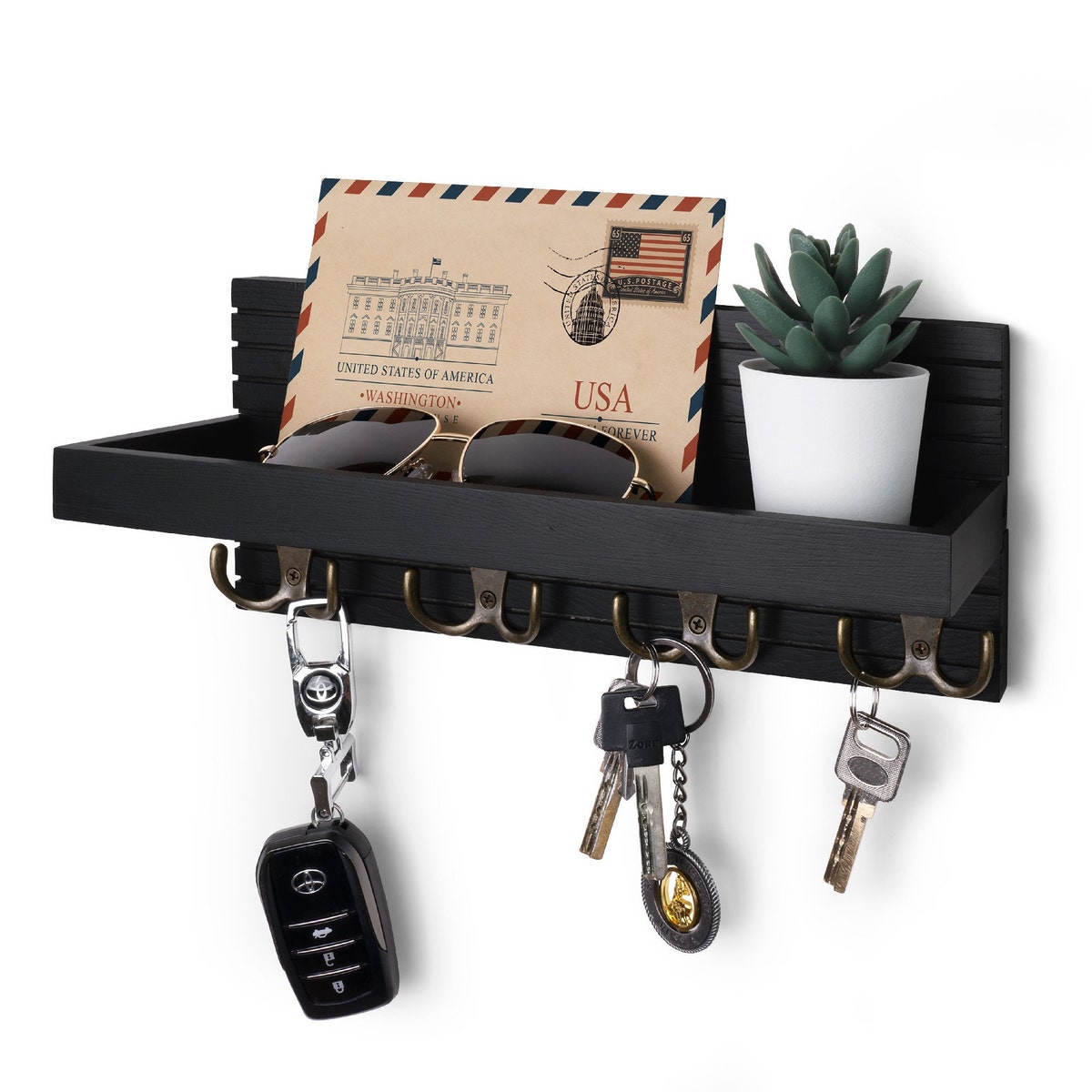 Wooden Key Holder For Wall, Entryway Mail And Key Holder, Key Hanger With Shelf, Key Hook For Wall