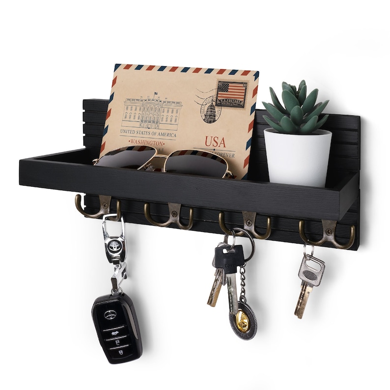 Wooden Key Holder For Wall, Entryway Mail And Key Holder, Key Hanger With Shelf, Key Hook For Wall Black