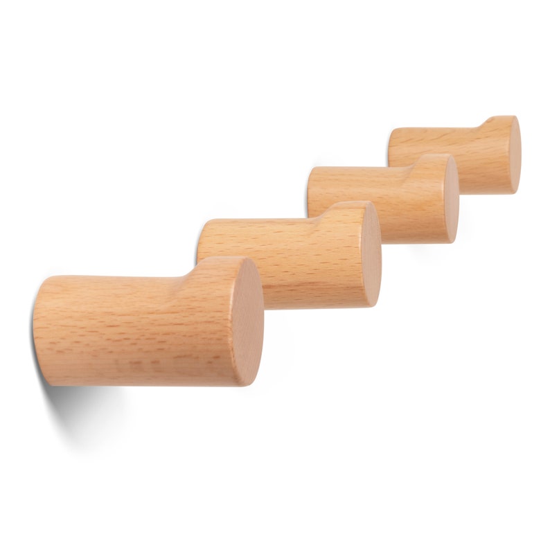Decorative Wood Wall Hooks, Set of 4, Wall Mounted Wall Pegs for Entryway, Black Walnut & Beech Wood Natural Beech