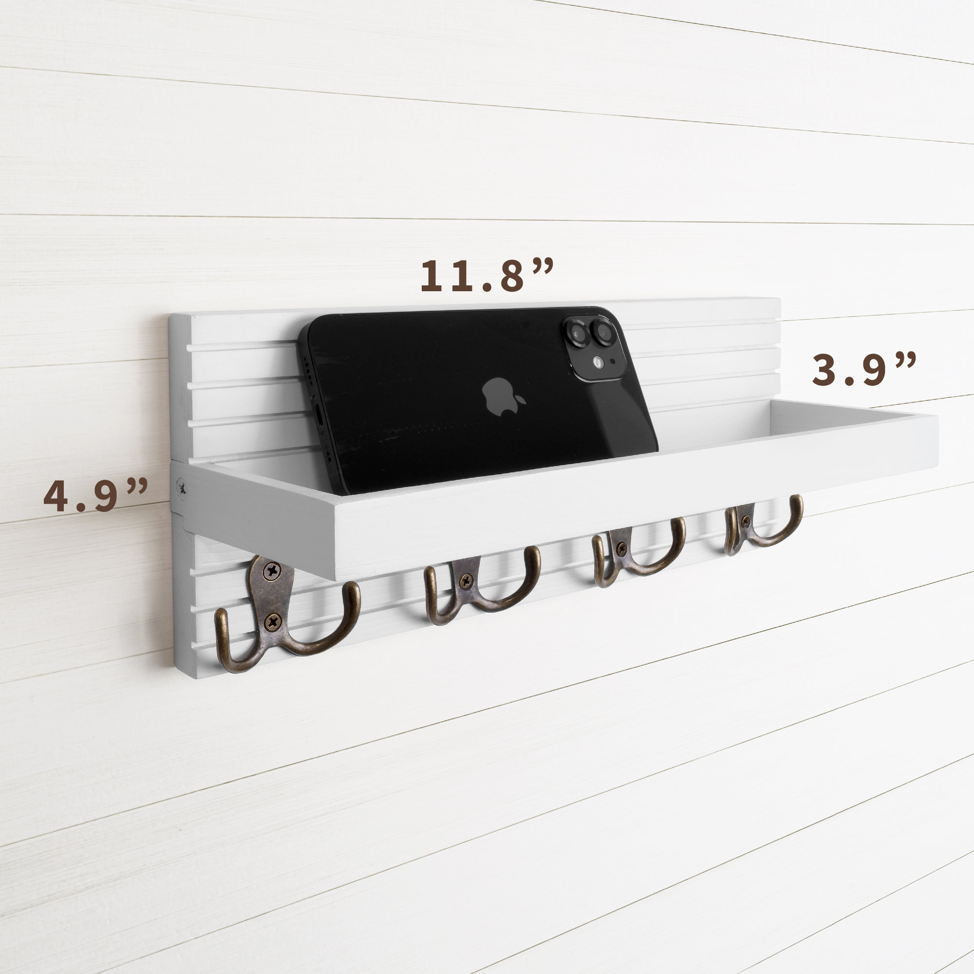 Naumoo Wooden Key Holder for Wall with Shelf, 4 Double Key Hooks (White)