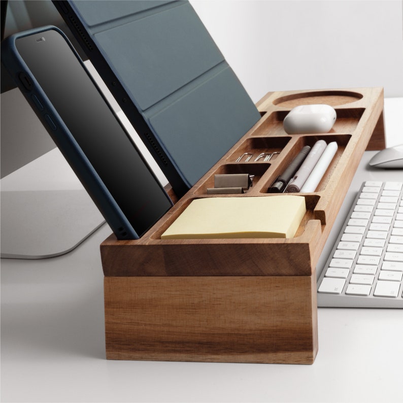 Wood Desk Organizer, Home Office Desk Organization, Tablet & Phone Stand for Cubicle, Docking Station image 4