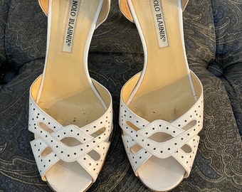 Manolo Blahnik White Leather Heels Size 36 US Size 6 Made in Italy Bridal Wedding Mother Birthday Valentine Gift Her Christmas Designer