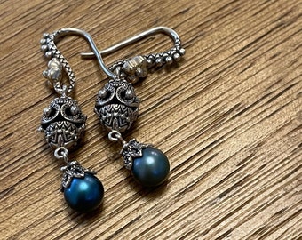 Barbara Bixby Sterling Grey Blue Pearl Dangle Earrings Wedding Mother Birthday Valentine Gift Her Christmas Collectible Designer Jewelry