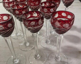 Set of 12- Nachtmann Traube Ruby Red Cut to Clear Crystal Cordial
