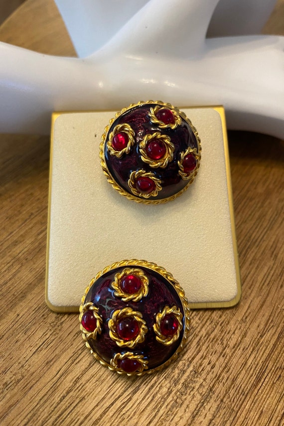 Vintage Gerard Yosca Earrings Gold Plated Dark Red Enamel Red