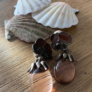 Vintage Signed Jay Strongwater Clip on Earrings Jay Feinberg? Bronze Tone Metal with enameled Pink Glass Gift for Her approx 2&quot;