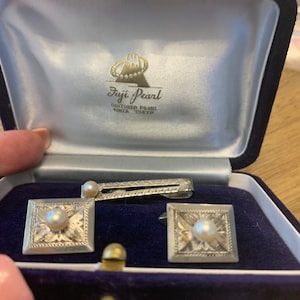 Vintage Sterling Cultured Akoya Pearl Cufflinks,Tie Slide Set Japanese Orig. Box Fuji Pearl Groom Wedding Father&#39;s Birthday Gift Collectible