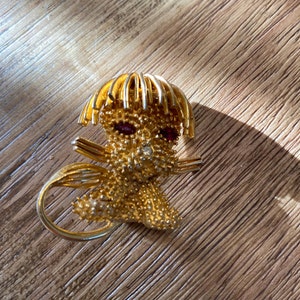 May include: A gold-toned brooch in the shape of a stylized figure with a textured body and head. The brooch features red gemstone eyes and a central clear gemstone. The figure has outstretched arms and a curved tail.