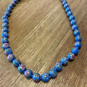 Vintage Chinese Cloisonne Knotted Floral Bead Necklace Cloisonné Jewelry Blue Pink White Green Statement Rare Jewelry Gift For Her