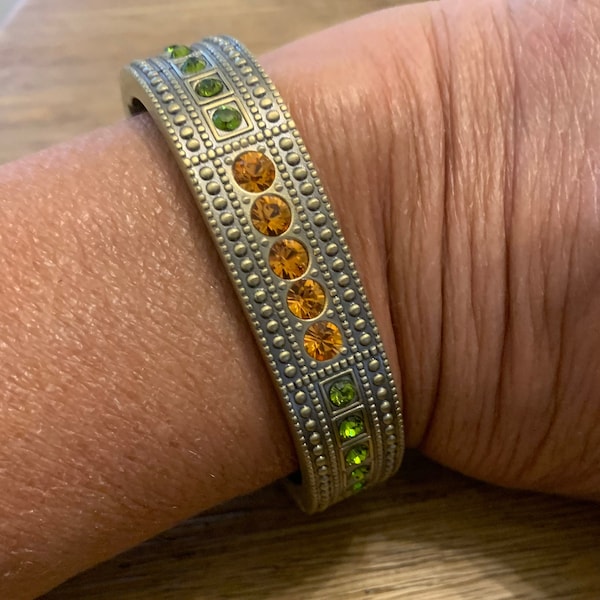 Designer Signed HEIDI DAUS Multi Tone Gold & Green Crystal Bangle Bracelet Fits 6.5" wrist or smaller Gift for Her