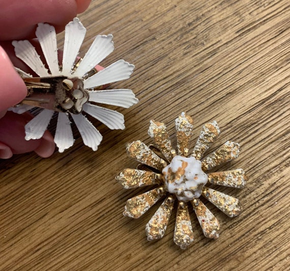 Coro Earrings, Vintage White Metal Flower Clip-on… - image 2