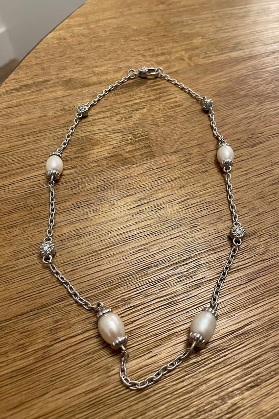 Judith Ripka Necklace Sterling Silver Pearls & CZ 