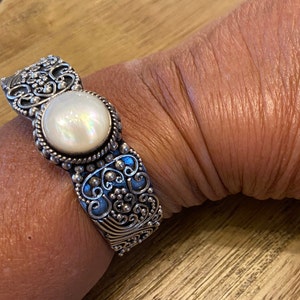 Signed BA Suarti Bali Sterling MOP Cuff Bangle Bracelet 7&quot; Indonesia Mother&#39;s Birthday Gift For Her Prom Collectible Jewelry