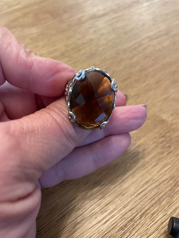Faceted Brown Stone Silver Tone Statement Ring - … - image 1