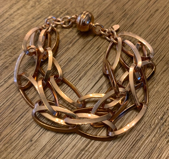 Vintage Milor Rose Gold Tone Bronze Bracelet 3 Ch… - image 1