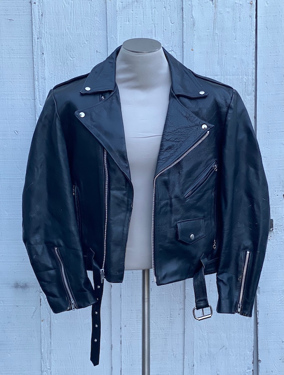 Vintage 1970s Heavy Black Leather Motorcycle Jacke