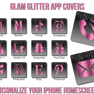 App Icons Hot Pink Icon Black Dripping Glitter 100 App Etsy