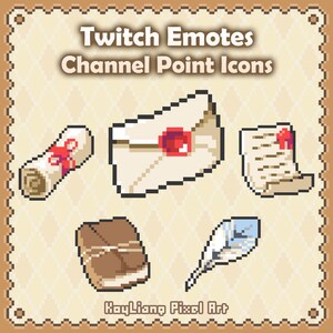 May include: A set of pixel art icons featuring a rolled scroll with a red ribbon, a sealed envelope with a red wax stamp, a letter with a red seal, a brown leather-bound book, and a white feather quill, labelled Twitch Emotes Channel Point Icons.