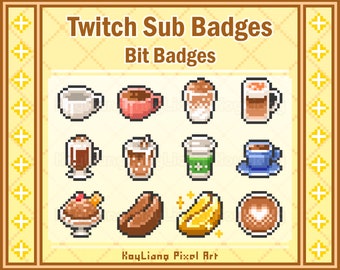 Coffee Sub Badges and Bit Badge Download, 8 bit Pixel Café Icons for Gaming Streamer, Transparent PNG