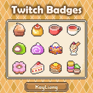 May include: A collection of pixelated Twitch badges featuring various desserts and beverages, including a cupcake, flan, coffee cup, and ice cream sundae. The text "Twitch Badges" is at the top, with the name "RoyLiang" at the bottom.