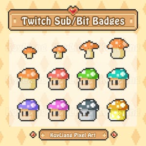 Cute Twitch Sub Badges - Adorable Pixel Mushroom, Streamer Bit Badges, Retro Gaming Style, Premade Stream Graphics