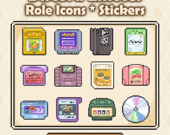 Pode incluir: Uma coleção de doze cartuchos de videogame em pixel art e um disco dispostos em uma grade, com várias cores incluindo amarelo, roxo, rosa e verde. O texto "Discord Emotes Role Icons * Stickers" e "KayLiang" é exibido.