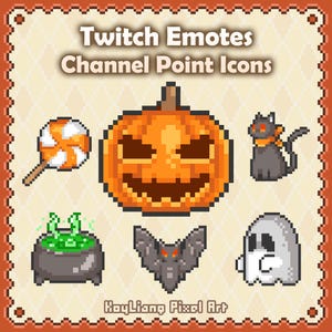 May include: A collection of pixel art Twitch emotes and channel point icons featuring a jack-o'-lantern, a lollipop, a black cat, a green bubbling cauldron, a bat, and a ghost. The text reads Twitch Emotes Channel Point Icons and KayLiang Pixel Art.