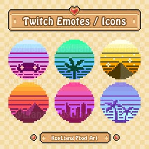Synthwave Twitch Emotes in 8Bit Pixel Style, Neon Color Retrowave Icons for Stream Channel Set Up