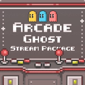 May include: Pixelated arcade game design with the words "Arcade Ghost Stream Package" in white. The design features yellow, blue, and pink ghosts above the text, and red joysticks and buttons below.