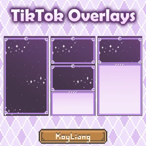 以下が含まれることがあります： 紫色のデジタルTikTokオーバーレイ。星空のデザインが特徴です。「TikTok Overlays」の文字が上部にあり、ピクセル化されたダイヤモンドパターンの背景があります。オーバーレイには装飾的なボーダーがあり、ストリーミング用に設計されています。