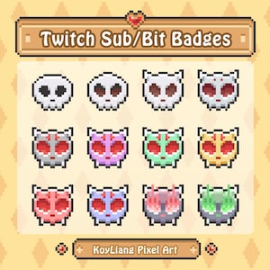 Puede incluir: Un conjunto de 12 insignias de Twitch para suscripciones y bits con arte de píxeles de calaveras y gatos en varios colores, incluidos rojo, blanco, negro, rosa, verde y amarillo. Las insignias están etiquetadas como "KovLiang Pixel Art".