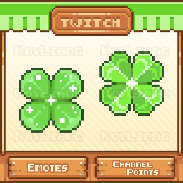 Twitch Pixel Emotes and Cute Channel Points Icon with Shamrock in Pastel Green Color, Lucky Four-leaf Clover