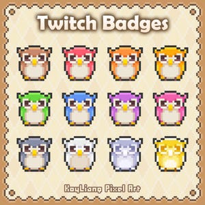 May include: A collection of twelve pixel art owl icons arranged in a grid, featuring various colors including brown, pink, orange, yellow, green, blue, purple, gray, and white. The text Twitch Badges and KayLiang Pixel Art is visible.