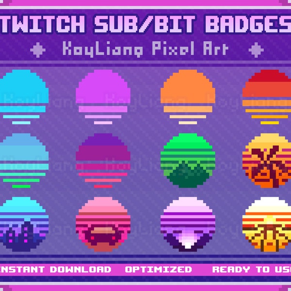 Twitch Sub Badges & Bit Badges - Pixel Retrowave, Synthwave, 8Bit Style