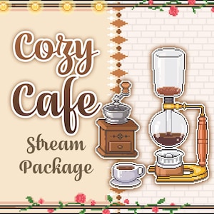 以下が含まれることがあります： コーヒーグラインダー、コーヒーカップ、サイフォンコーヒーメーカーを備えた「Cozy Cafe Stream Package」のピクセルアートイラスト。背景はレンガの壁のある薄いベージュ色です。