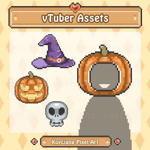 Puede incluir: Colección de pixel art de activos de vTuber. Incluye un sombrero de bruja morado, dos calabazas naranjas y una calavera gris. El texto "vTuber Assets" y "KoyLiang Pixel Art" se muestra en la imagen.