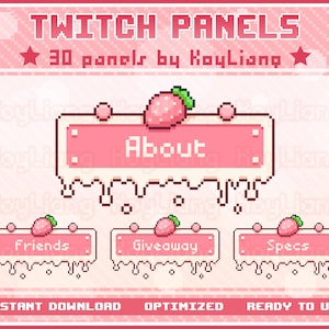 Kawaii Twitch Panels for Channel Set Up | Cute Pink Panel Pack, Creamy Strawberry Cake, 8Bit Pixel Art, Aesthetic, Pastel