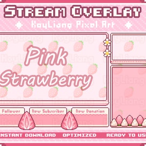 Twitch Overlays with Cute Pixel Strawberries - Kawaii Stream Layout, Webcam Border