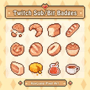 Gebäck und Kuchen Sub Badges für Twitch Channel, Cute Pixel Style, Bakery Bit Badges, Brot, Kaffee, Donut, Essen