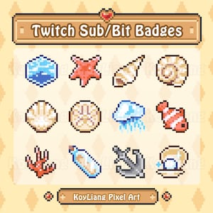 Twitch Sub Badges in Cute Oceanic Theme with Fishes and Shells, Pixel Bit Badges with Creatures and Elements from Sea and Beach