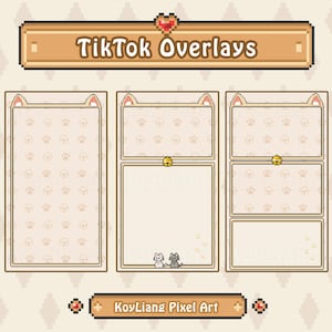 Puede incluir: Un conjunto de superposiciones de TikTok en pixel art, en un esquema de color beige. Las superposiciones presentan orejas de gato, huellas de patas y una campana. El texto "TikTok Overlays" se muestra en la parte superior y "KoyLiang Pixel Art" en la inferior.